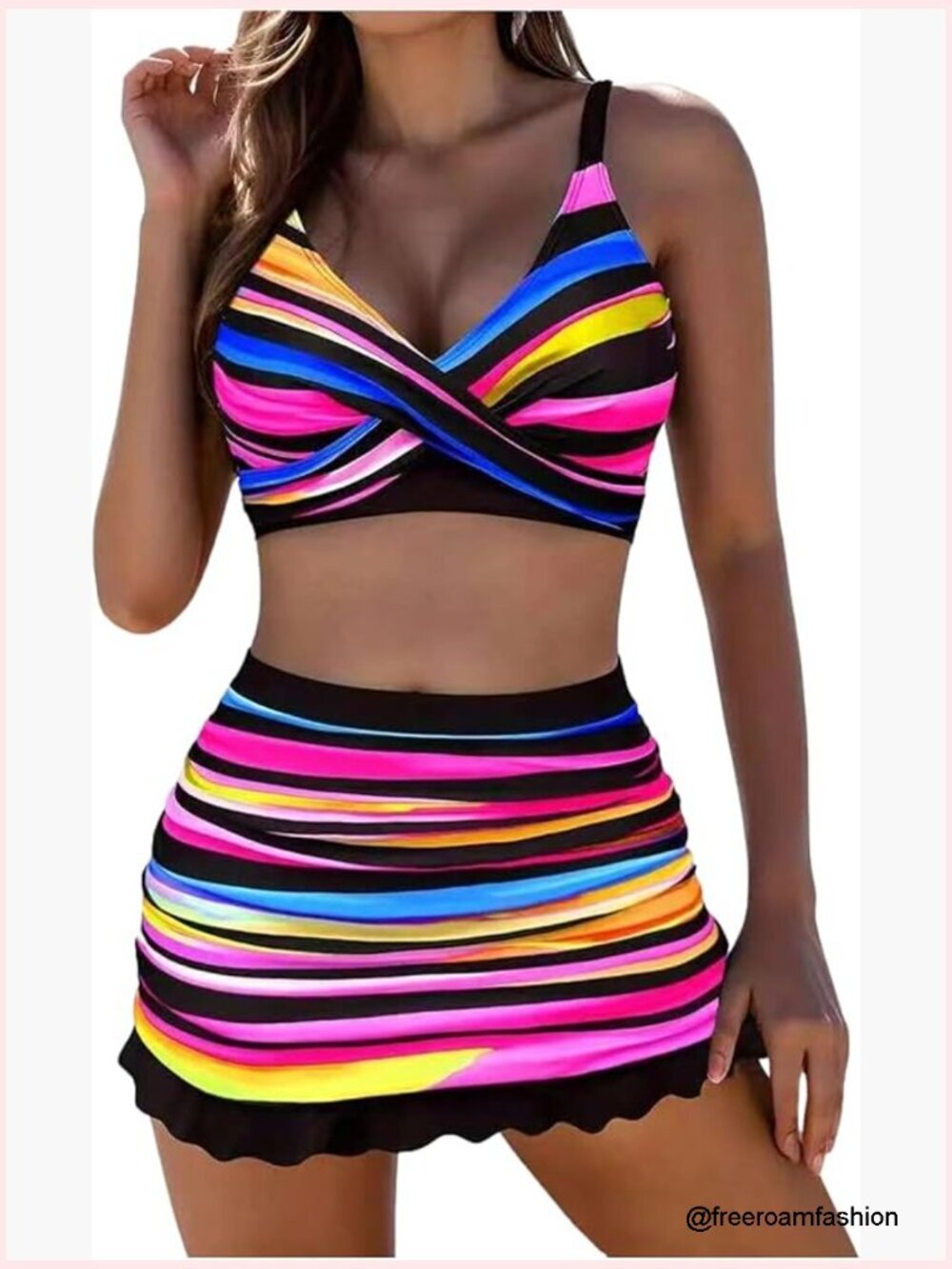 3 Piece Twist Front Bikini Set with Cover Up Skirt High Stretch Polyester Blend